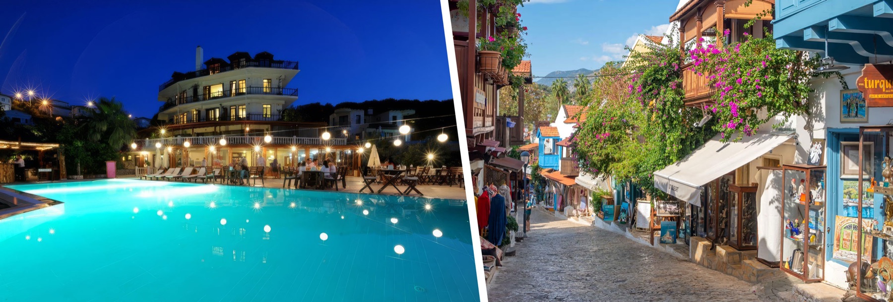 Gece ışıklı havuz ve otel, yanında Kaş’ın çiçekli taş sokağı