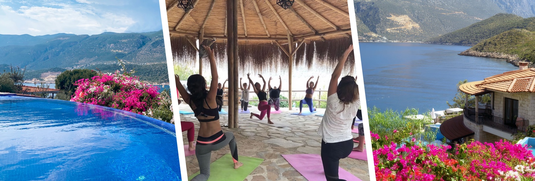 Begonvilli sonsuzluk havuzu, çardak altında yoga yapan bir grup ve koy manzarası
